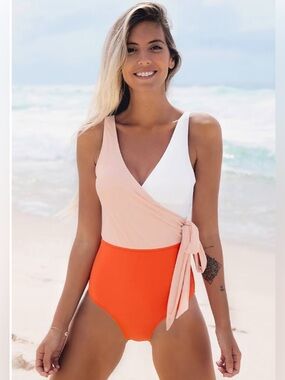 Orange And White Bowknot One piece Swimsuit Size Large